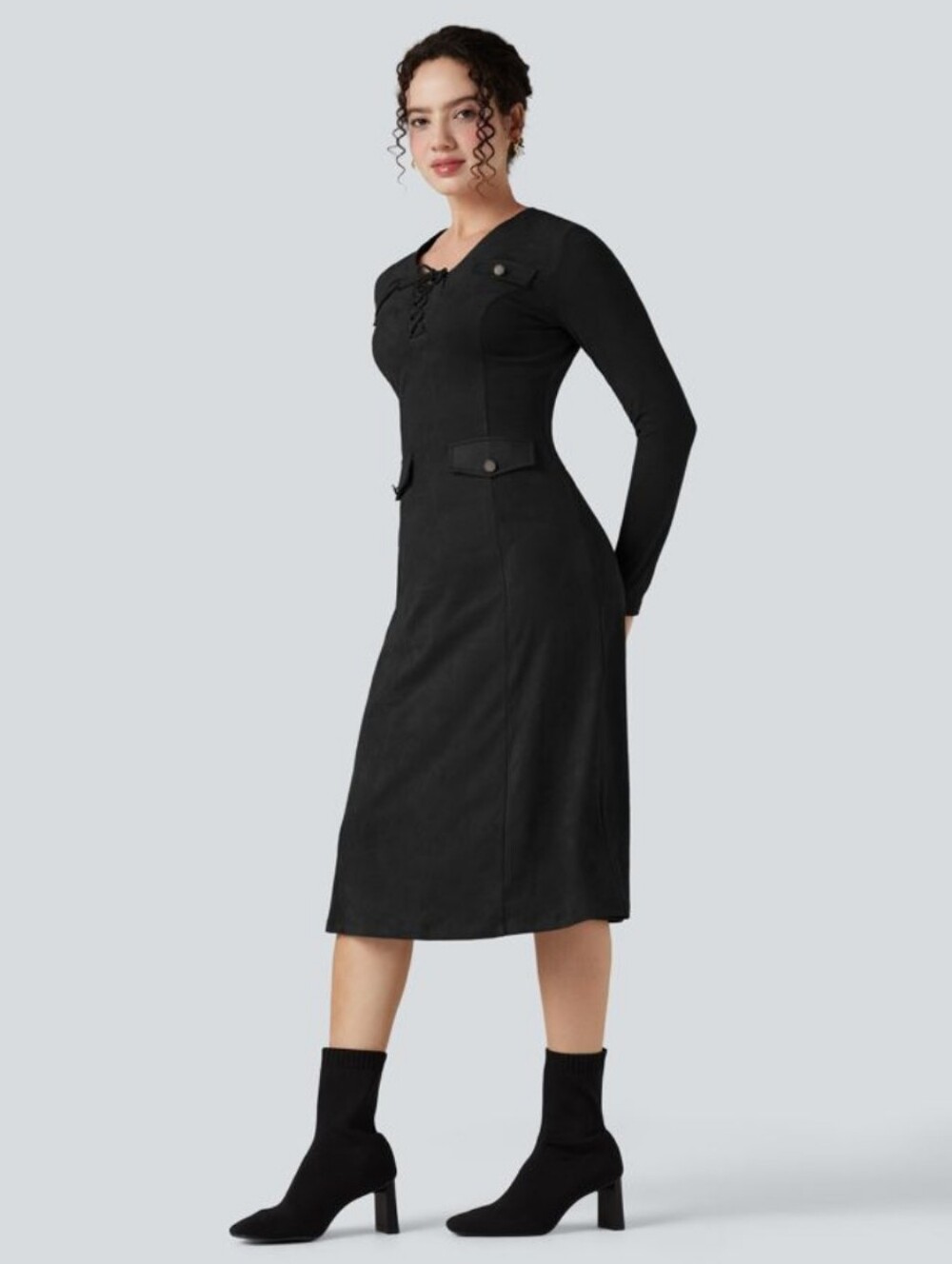 HALARA  Long-Sleeve Lace-Up Faux Suede Midi Dress